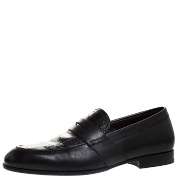 Pre Owned Salvatore Ferragamo Black Croc Embossed Leather Penny Loafers Size 39.5