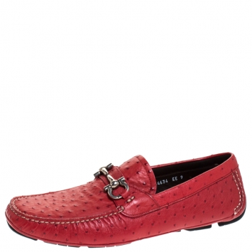 Pre Owned Salvatore Ferragamo Red Ostrich Leather Parigi Driving Loafers Size 43