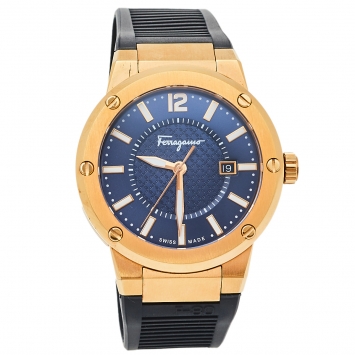 Pre Owned Salvatore Ferragamo Blue Rose Gold Tone Stainless Steel F-80 FIF050015 Men's Wristwatch 44 mm