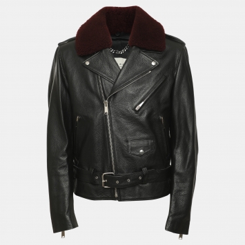 Pre Owned Sandro Black Leather and Shearling Biker Jacket L