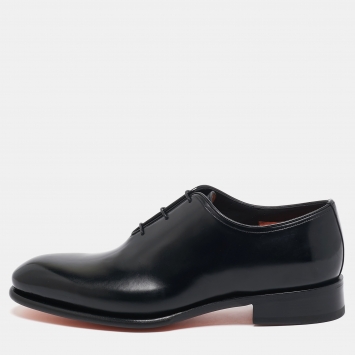 Pre Owned Santoni Black Leather Lace Up Oxfords Size 43