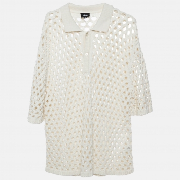 Pre Owned Stüssy Cream Crochet Knit Mesh Polo Sweater L
