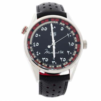 Pre Owned Tag Heuer Black Stainless Steel Leather Muhammad Ali Caliber 5 Carrera WAr2A12 Men's Wristwatch 43 mm
