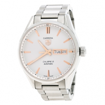 Pre Owned Tag Heuer Silver White Stainless Steel Carrera Caliber 5 WAR201D.BA0723 Men's Wristwatch 40 mm