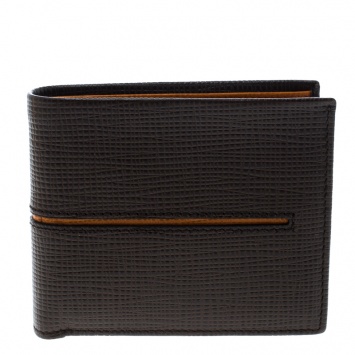 Pre Owned Tod's Brown Leather Stripe Orange Lined Bifold Wallet