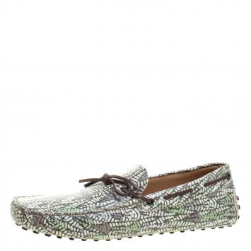 Pre Owned Tod's Green Abstract Print Leather Bow Loafers Size 45