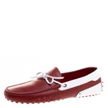 Pre Owned Tod's for Ferrari Red and White Leather Bow Loafers Size 44.5