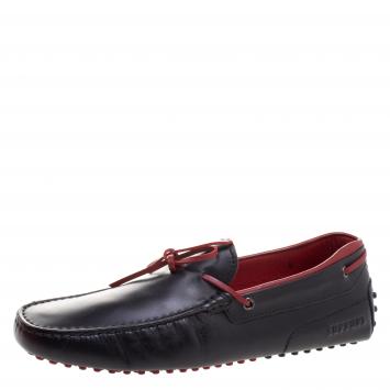 Pre Owned Tod's for Ferrari Black and Red Leather Bow Loafers Size 43