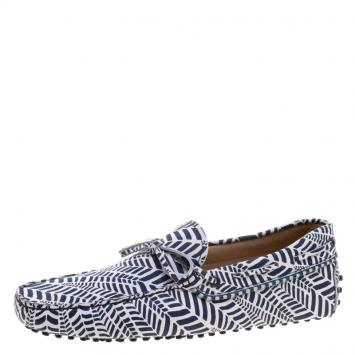 Pre Owned Tod's Blue and White Printed Leather Bow Loafers Size 41.5