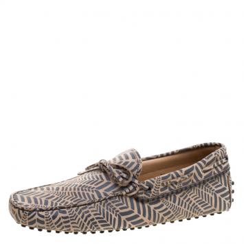Pre Owned Tod's Beige and Grey Printed Leather Bow Loafers Size 42.5