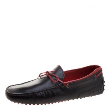 Pre Owned Tod's for Ferrari Black and Red Leather Bow Loafers Size 44