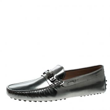Pre Owned Tod's Metallic Grey Leather Macro Clamp Loafers Size 42.5