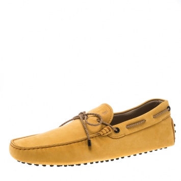 Pre Owned Tod's Alphonso Yellow Suede with Contrast Braided Bow Loafers Size 45