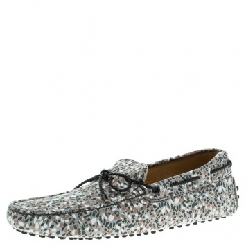 Pre Owned Tod's Grey Printed Leather Bow Loafers Size 42