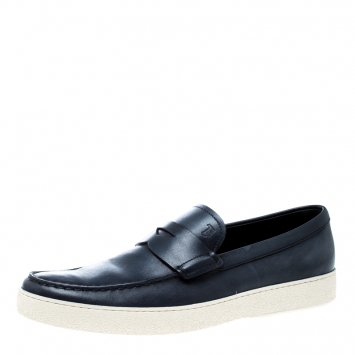 Pre Owned Tod's Blue Leather Penny Boat Slip On Sneakers Size 42