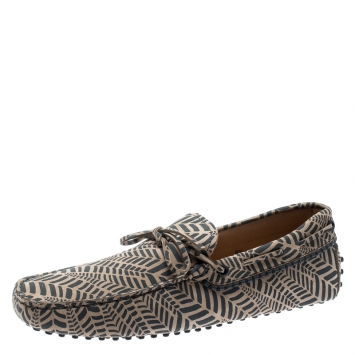 Pre Owned Tod's Beige and Grey Printed Leather Bow Loafers Size 42.5