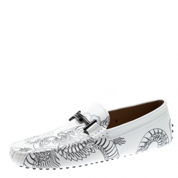 Pre Owned Tod's White Leather Dragon Print Double T Loafers Size 43