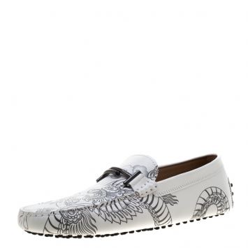 Pre Owned Tod's White Leather Dragon Print Double T Loafers Size 44.5