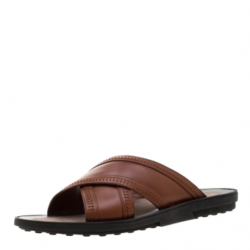 Pre Owned Tod's Brown Leather Crossed Strap Slider Sandals Size 42.5