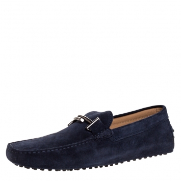Pre Owned Tod's Blue Suede Leather Double T Slip On Loafers Size 44