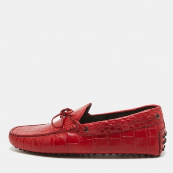 Pre Owned Tod's Red Croc Embossed Leather Bow Slip On Loafers Size 41.5