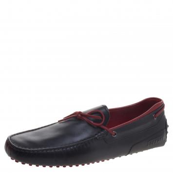 Pre Owned Tod's For Ferrari Black and Red Leather Bow Loafers Size 44.5