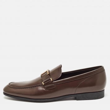 Pre Owned Tod's Brown Leather T Timeless Slip On Loafers Size 45.5