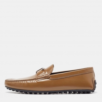 Pre Owned Tod's Brown Leather LT Logo Loafers Size 44