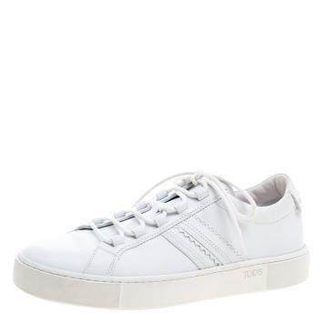 Pre Owned Tod's White Leather Embroidery Stitch Panel Lace Up Sneakers Size 39.5