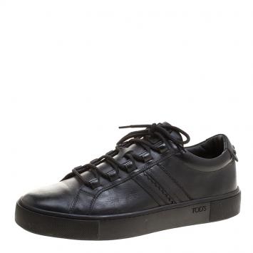 Pre Owned Tod's Black Leather Embroidery Stitch Panel Lace Up Sneakers Size 39.5