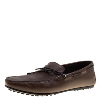 Pre Owned Tod's Brown Leather Braided Bow Loafers Size 44.5