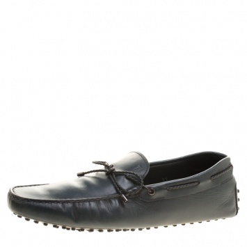 Pre Owned Tod's Slate Grey Leather Braided Bow Loafers Size 45.5