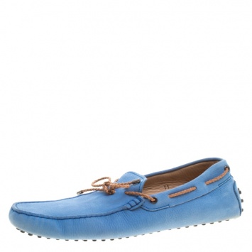 Pre Owned Tod's Blue Suede with Contrast Braided Bow Loafers Size 45.5