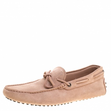 Pre Owned Tod's Pale Pink Suede Bow Detail Driving Loafers Size 42
