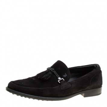 Pre Owned Tod's Black Suede Braided Tassel Loafers Size 42.5