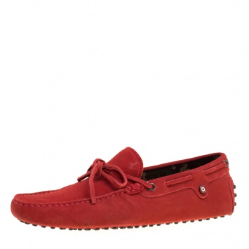Pre Owned Tod's For Ferrari Red Suede with Camo Print Lining Bow Loafers Size 41.5