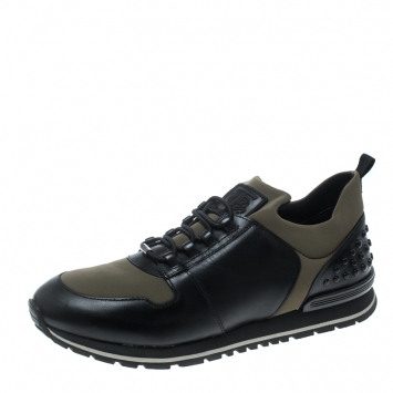 Pre Owned  Tod's Khaki Green/Black Knit Fabric and Leather Pebbled Heel Slip On Sneakers Size 42