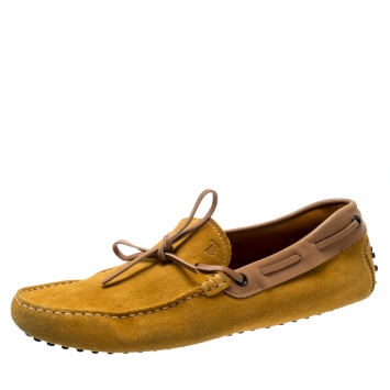 Pre Owned Tod's Yellow Suede And Beige Leather Trim Bow Loafers Size 42.5
