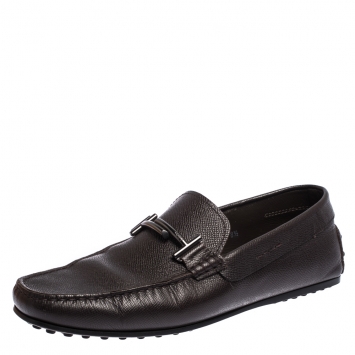 Pre Owned Tod's Brown Textured Leather T-Bar Loafers Size 42.5
