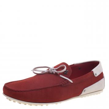 Pre Owned Tod's For Ferrari Red and White Leather Bow Loafers Size 42.5