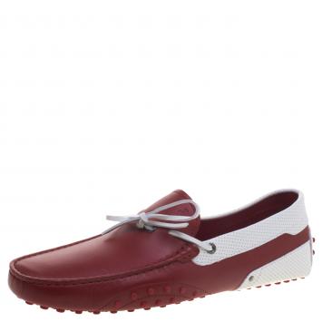 Pre Owned Tod's For Ferrari White and Red Leather Bow Loafers Size 44.5
