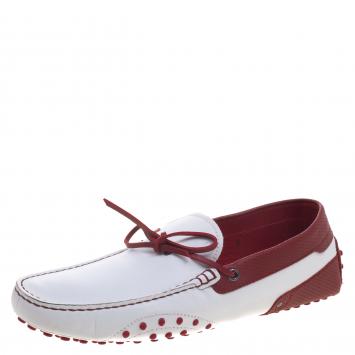 Pre Owned Tod's For Ferrari White and Red Leather Bow Loafers Size 43