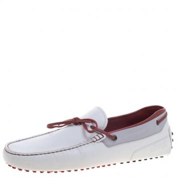 Pre Owned Tod's for Ferrari White and Red Leather Bow Loafers Size 43