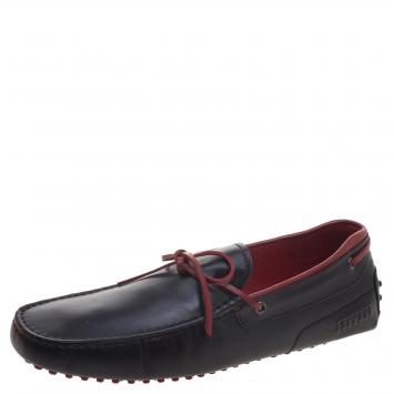 Pre Owned Tod's For Ferrari Black and Red Leather Bow Loafers Size 44.5