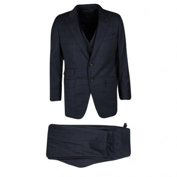 مملوكة مسبقًا Tom Ford Navy Blue Checked Wool Three Piece Tailored Suit L