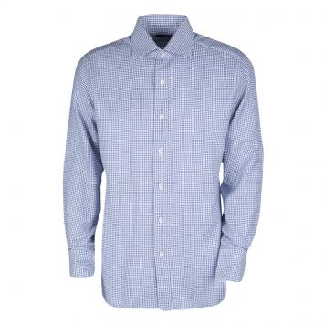 Pre Owned Tom Ford Blue and White Cotton Houndstooth Pattern Long Sleeve Shirt XL