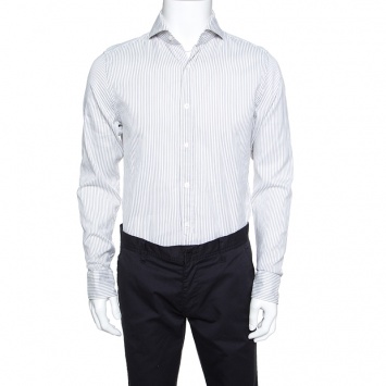 Pre Owned Tom Ford White and Grey Striped Cotton Long Sleeve Button Front Shirt L