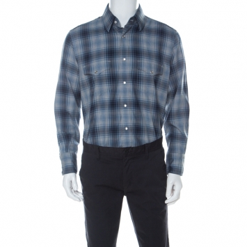 مملوكة مسبقًا Tom Ford Blue and Grey Plaid Cotton Classic Shirt XXL 