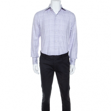 Pre Owned Tom Ford White & Lavender Checked Cotton Button Front Shirt M