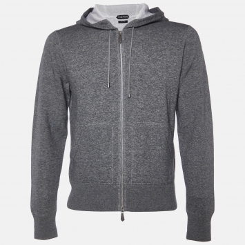 Pre Owned Tom Ford Grey Cotton Knit Zip Front Hooded Jacket M
